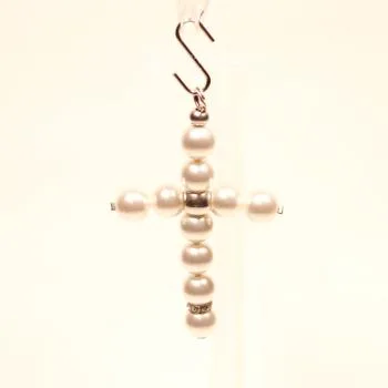 XXL Kreuz Kettenanhänger Weiß – Perlmutt Polaris Unikat - kettenanhänger gross kreuz perlen handmade metall versilbert polaris weiss glänzend (1)